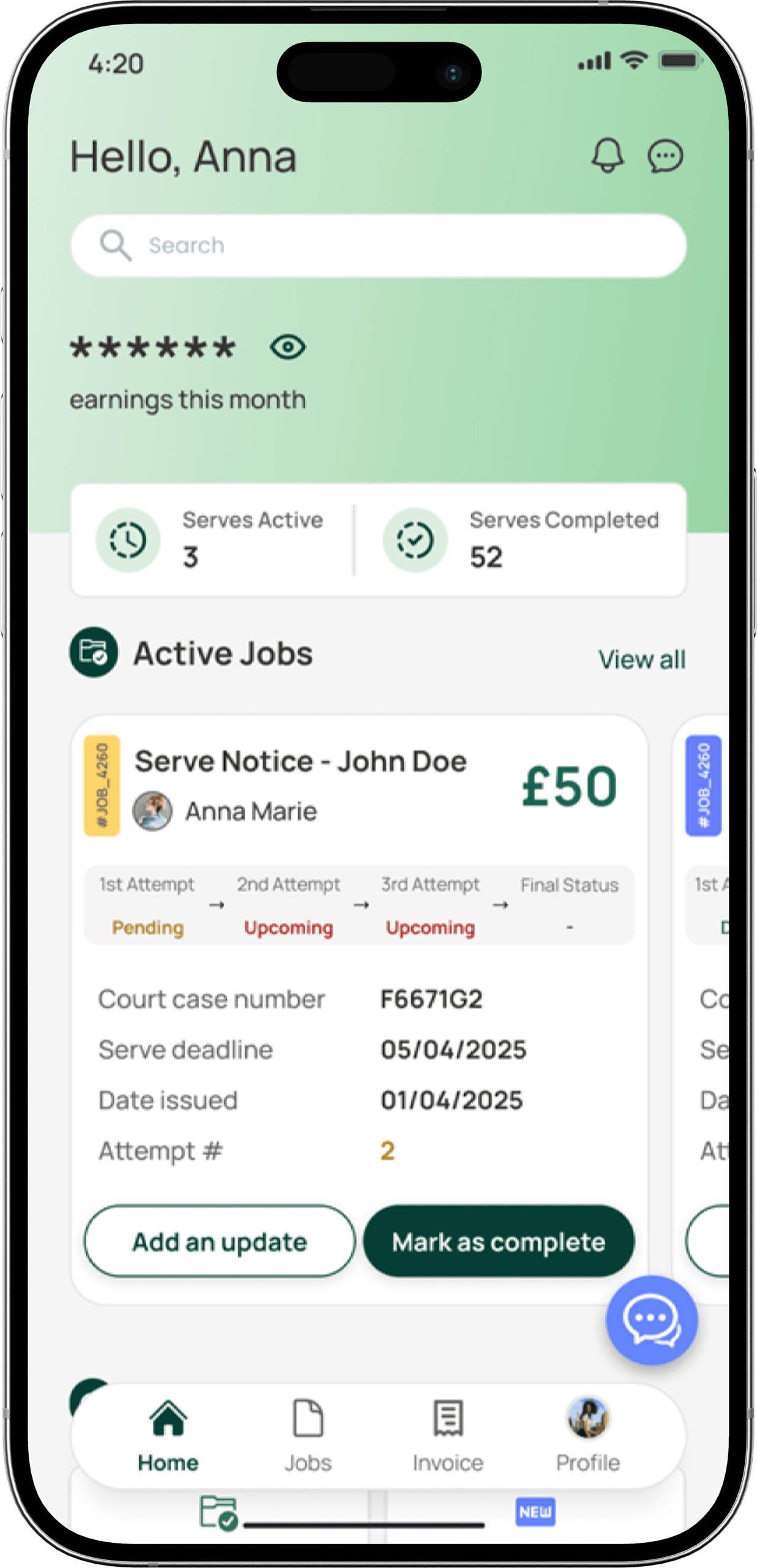 WeProcess app showing active jobs for process servers in the UK process server uk